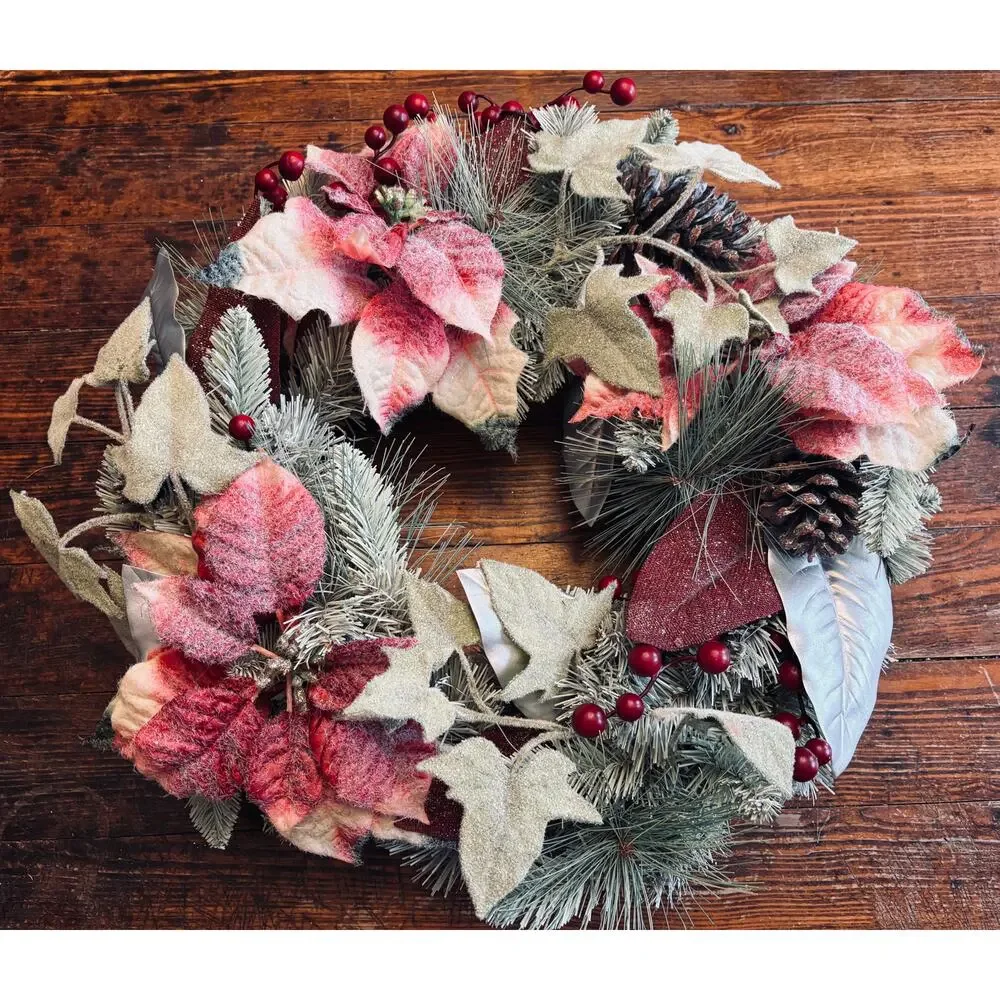 Set of 2 Handmade 19” Poinsettia Winter Wreaths with Greenery Wire Backs
